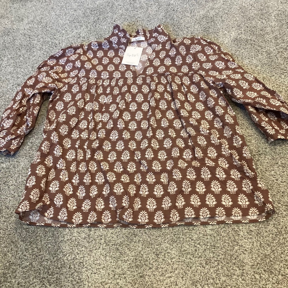 Brown Floral Cotton Ruffle Collar Babydoll Blouse Top Large NWT Boho Peasant